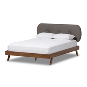 Baxton Studio Penelope Mid-Century Modern Solid Walnut Wood Grey Fabric Upholstered King Size Platform Bed
